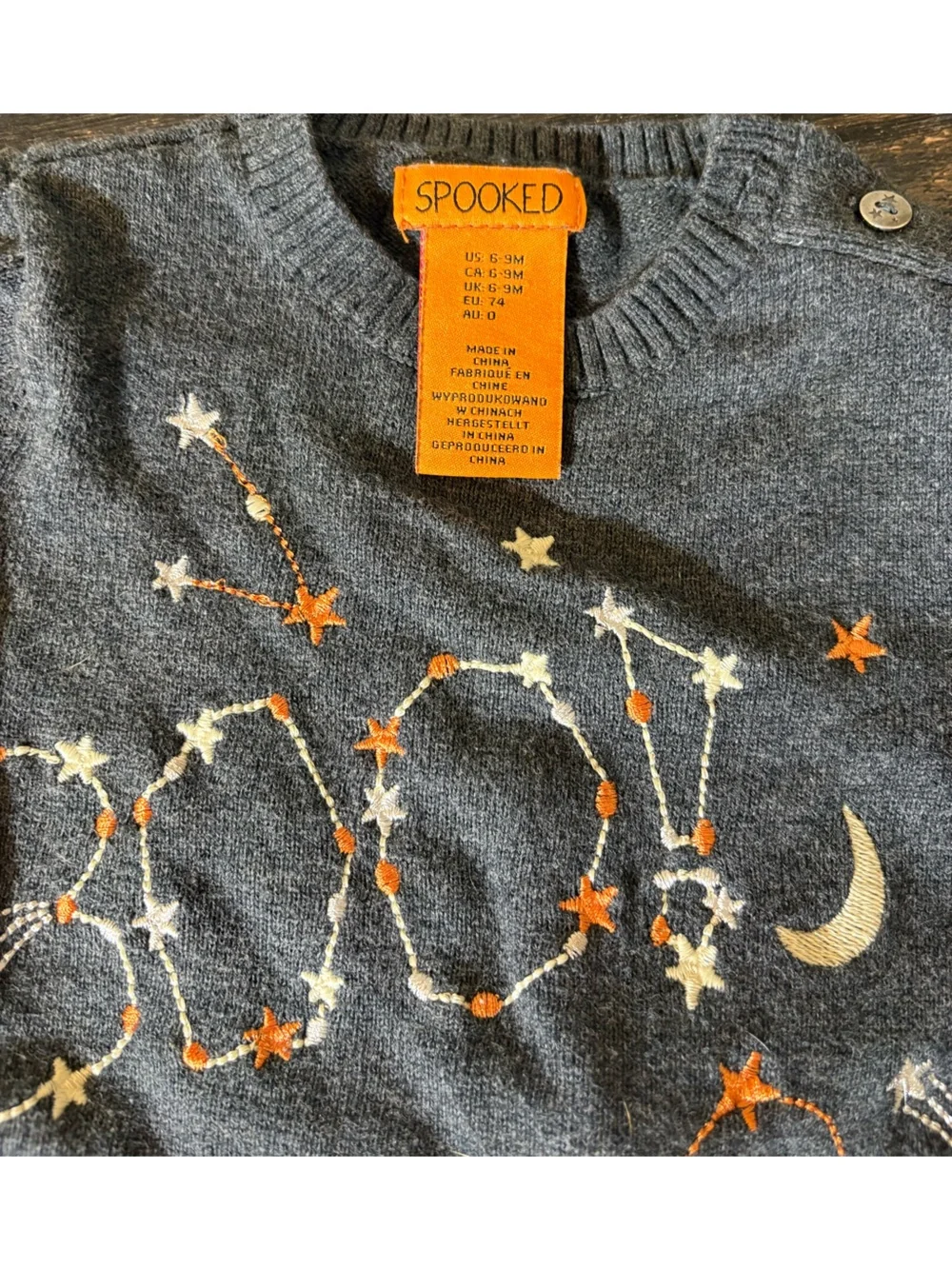 Charcoal Gray Embroidered Boo Star & Moon Ghost Sweater